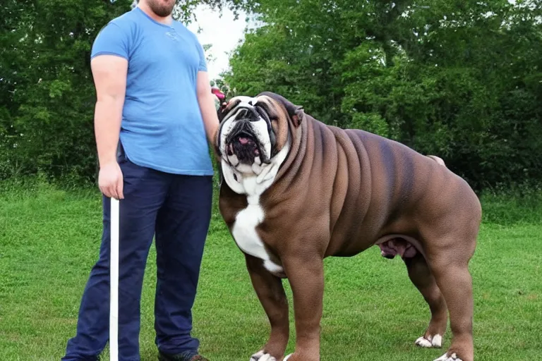 Image similar to a person standing next to a giant bulldog and the bulldog is five times taller then the person