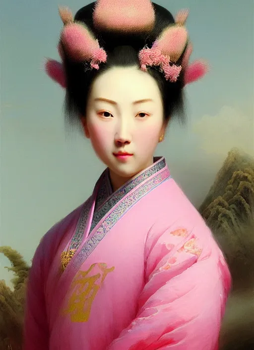 Prompt: stunning chinese princess, detailed pink and white protea head peace against a black backdrop by ivan aivazovsky, wlop, super sharp details, photorealism, 5 0 mm lens, oil painting, beautiful soft lighting, muted colours, artstation