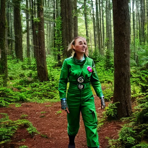 Prompt: a female space scout wearing a green uniform with white armor exploring a forest planet