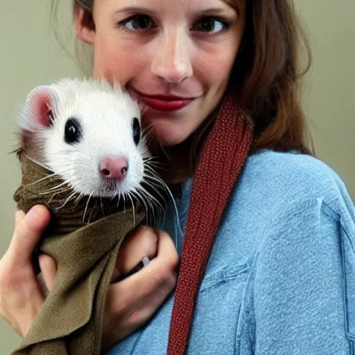 Image similar to long ferret like a scarf, wrapped up comfortably, living animal on your shoulders