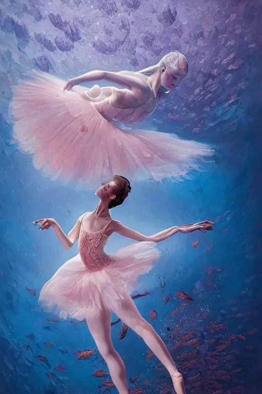 Prompt: stunningly beautiful, ballerina at the bottom of the great barrier reef, smooth, focus, highly detailed, hyper realistic, dramatic lighting, intricate, concept art, art by wlop, mars ravelo