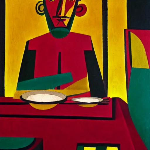 Prompt: a painting of a man sitting at a table with a knife and fork, an art deco painting by rufino tamayo, polycount, synthetism, picasso, fresco, academic art