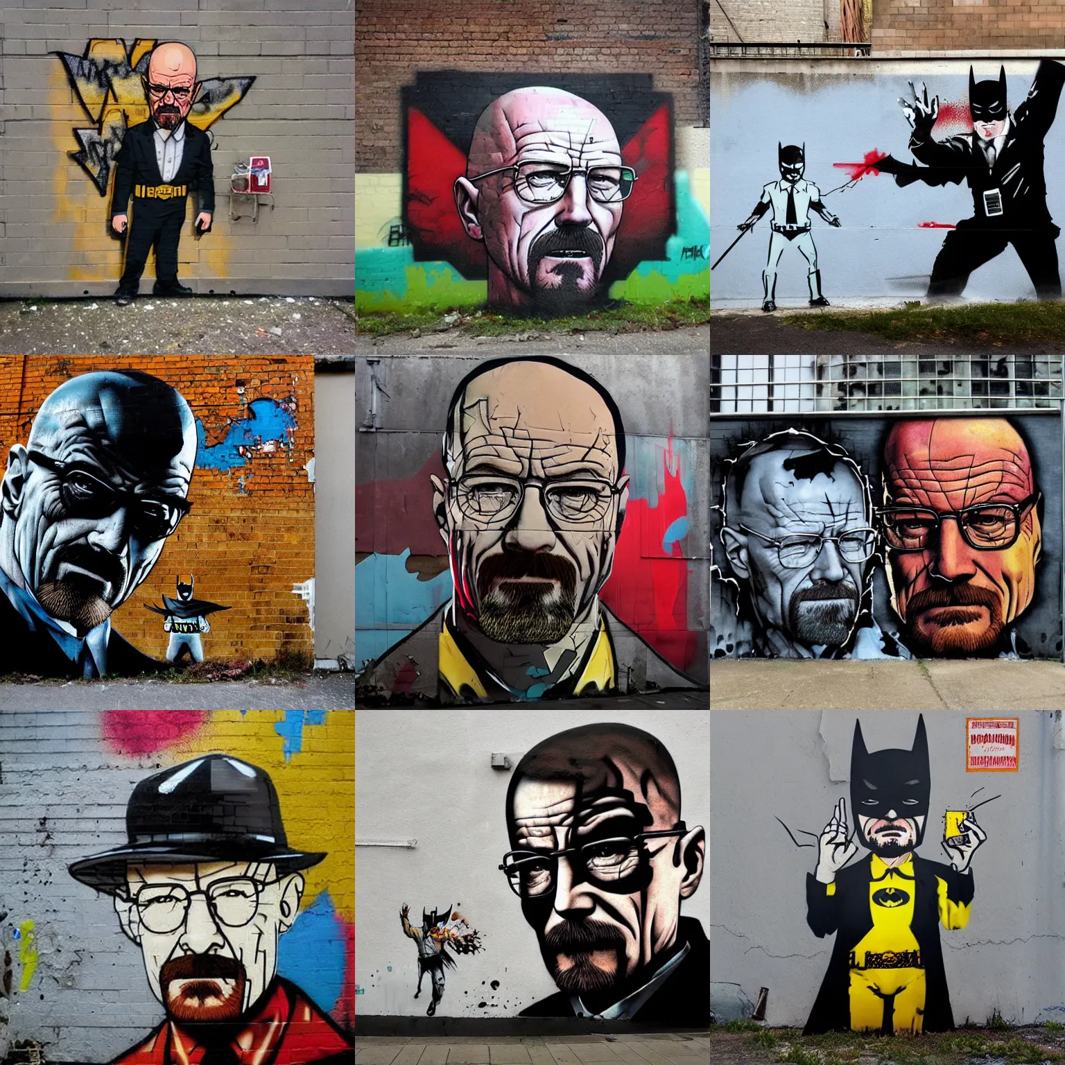 Prompt: Walter White as Batman, Urban Graffiti Banksy, Bordalo, trending on artstation