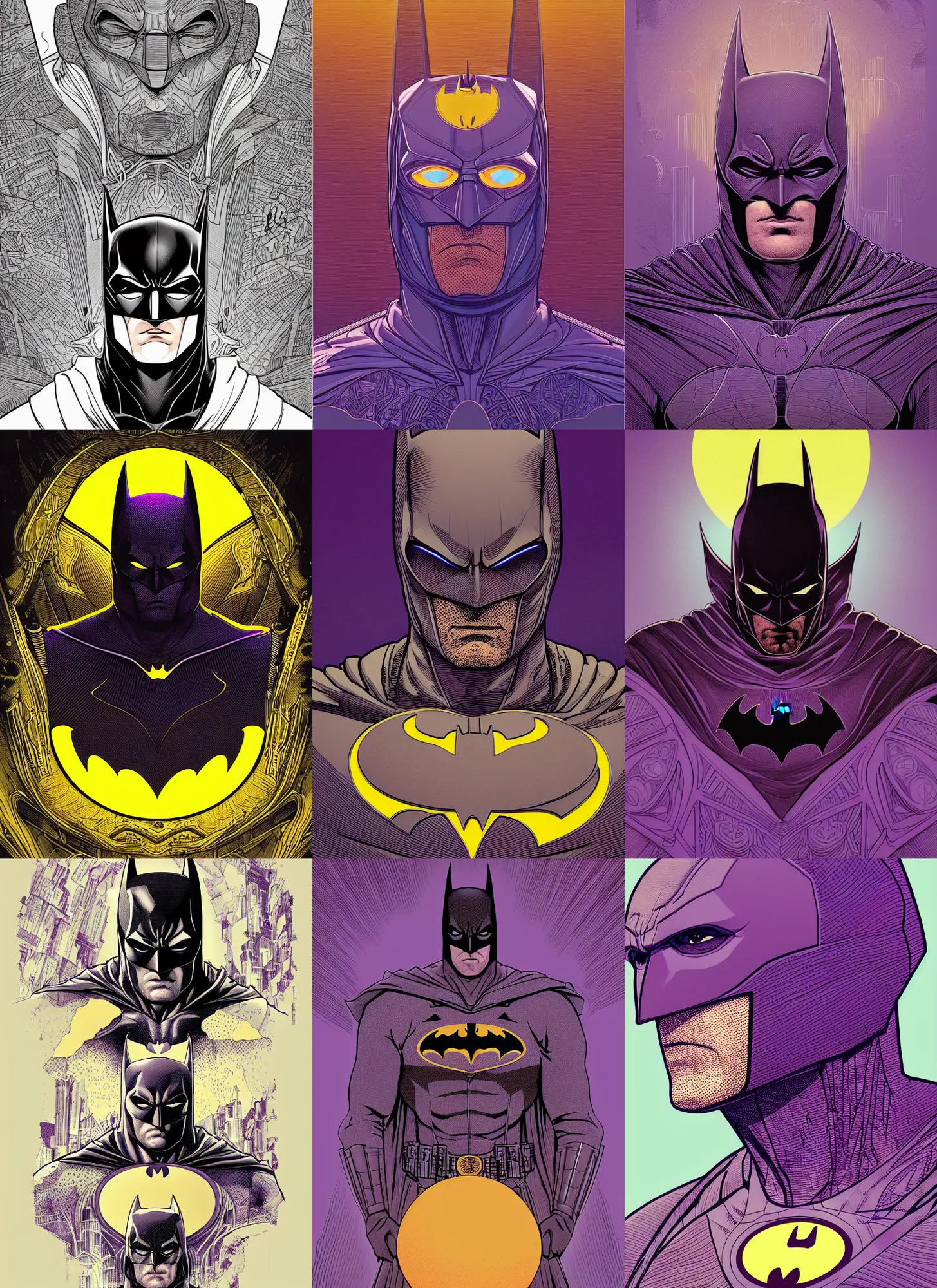 Prompt: a ultra beautiful detailed line art illustration of batman, centered, by dan mumford and moebius and beeple, trending on artstation, pastel color, dim dusk lighting, cinematic lighting, detailed lighting, volumetric lighting, realistic, f 8, 4 k hd wallpaper, poster, yellow and purple color scheme