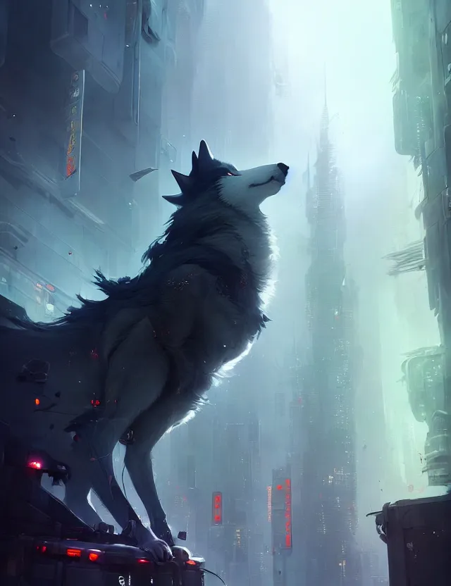 Image similar to beautiful dark gray anthropomorphic wolf with long red hair in a futuristic city. character design by cory loftis, fenghua zhong, ryohei hase, ismail inceoglu and ruan jia. artstation, volumetric light, detailed, photorealistic, fantasy, rendered in octane