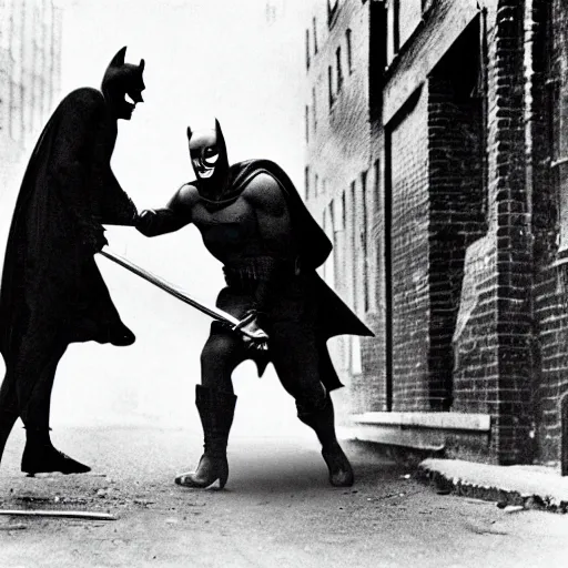 Image similar to old black and white photo, 1 9 2 5, depicting batman fighting a gangster in an alley of new york city, tommy gun, rule of thirds, historical record