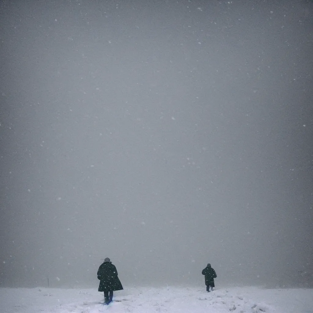 Image similar to photo of shiprock, new mexico during a snowstorm. a old man in a trench coat and a cane appears hazy in the distance, looking back over his shoulder. cold color temperature, snow storm. hazy atmosphere. humidity haze. kodak ektachrome, greenish expired film, award winning, low contrast,