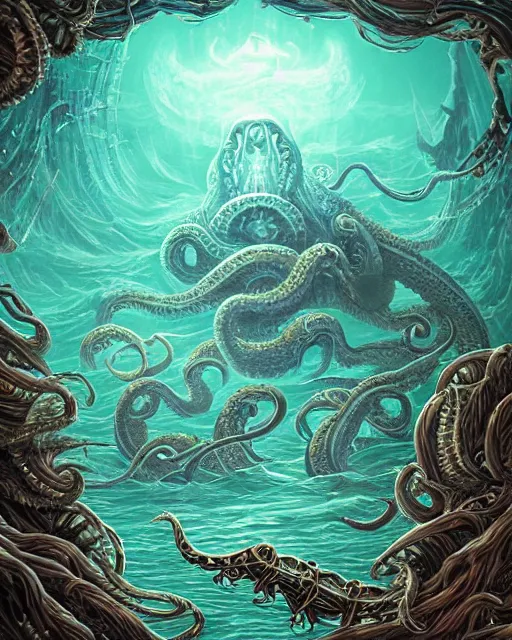 Image similar to An invisible Kraken in the middle of the sea, fantasy art, in the style of Dan Mumford, illustration, epic, fantasy, intricate, hyper detailed, artstation, concept art, smooth, sharp focus, ray tracing