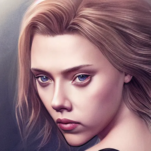 Image similar to Scarlett Johansson and Elizabeth Olsen crossbreed, illustrated and rendered by Xie Boli, trending on artstation, 4k, 8k, photorealistic imagery, photorealistic details, intricate, highly detailed