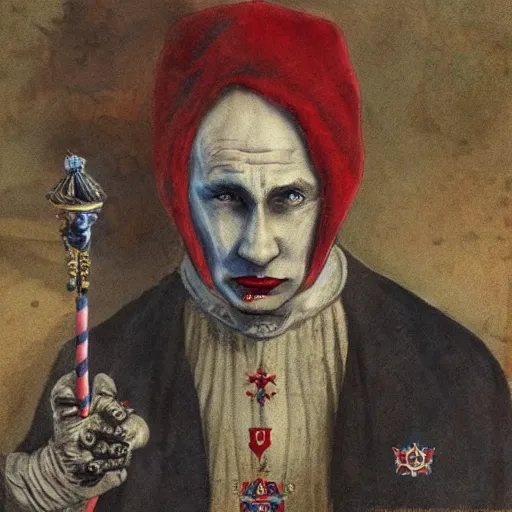 Prompt: vladimir putin is jester in circus, in lunatic asylum, intricate, highly detailed, smooth, artstation, heretic, medieval with hunt