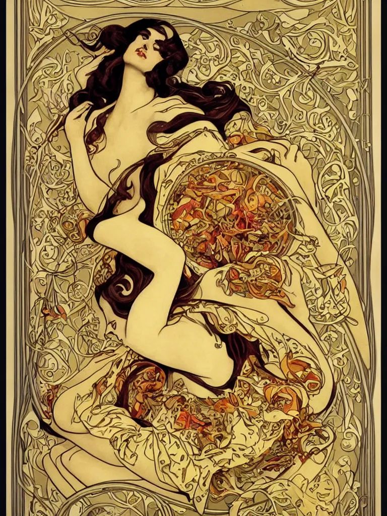 Prompt: Beautiful art nouveau advertisement for the ultimate everything burrito. Detailed advertisement for a delicious everything burrito by Victor Horta. This burrito will change your life. Sultry, youthful, extreme beauty. Beautifully detailed poster art advertisement. perfect composition. perfection of burrito form.
