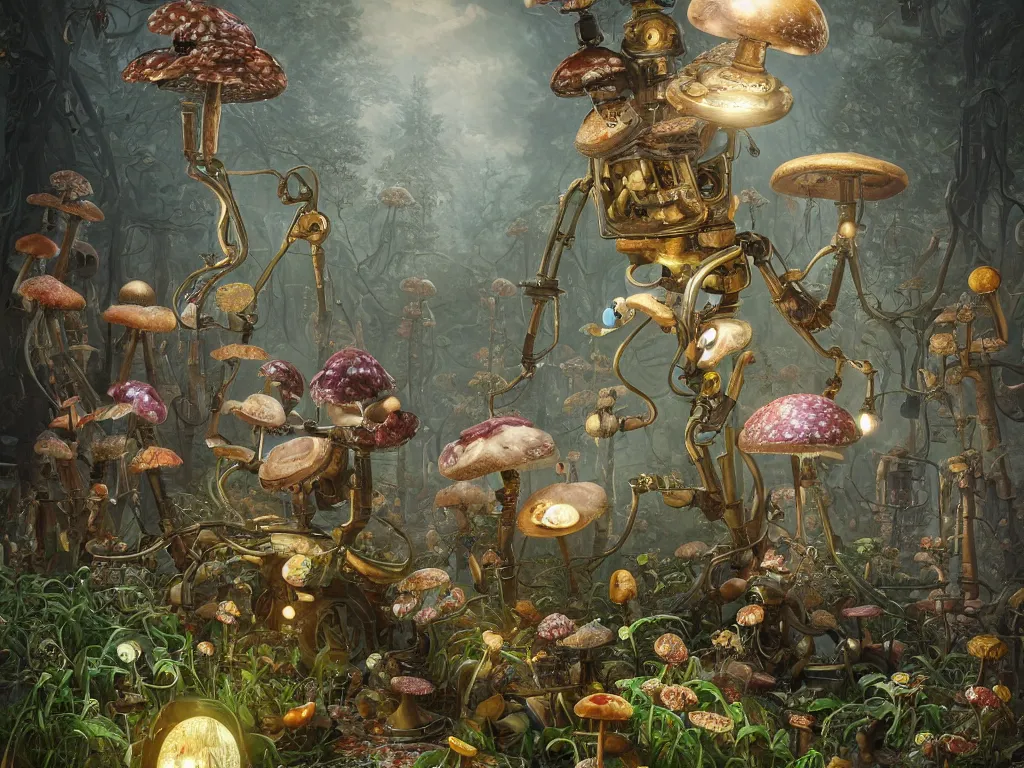 Image similar to victorian robot with mushrooms growing in a spheroid forest, 3d render, nightlight Study, by Jan Davidsz de Heem and Lisa Frank, Art Nouveau, 8k, extreme detail, sharp focus, octane render