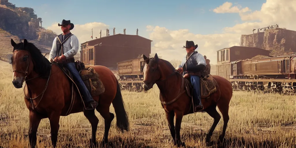 Prompt: Donald Trump from Red Dead Redemption 2 riding a horse next to a train, wide shot, ray tracing, 8k by artgerm and greg rutkowski