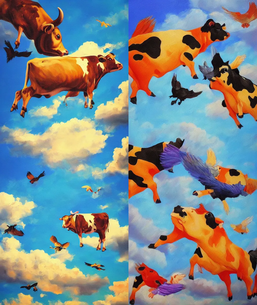 Prompt: A cow cat flying in the sky, and three birds flying around it, the painting style lively and bright,Authentic cinematic feeling.