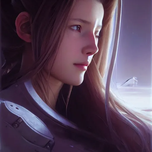 Image similar to Beautiful stunning portrait of Aerith Gainsborough by Greg Rutkowski. Aerith is hiding from a Shinra robot in the Reactor Core by Mark Arian. The Reactor Core is dark and stark and industrial by H.R. Giger. soft render, octane, highly detailed painting by Moebius. artstation Blank Canvas Scene by Tetsuya Nomura.
