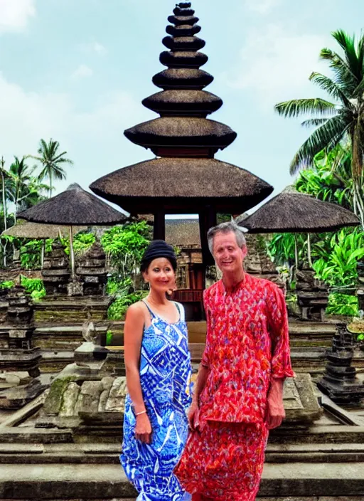 Prompt: trump wearing batik bali in bali. temple background. front view. instagram holiday photo shoot, perfect faces, corrected faces, 3 5 mm, award winning photography