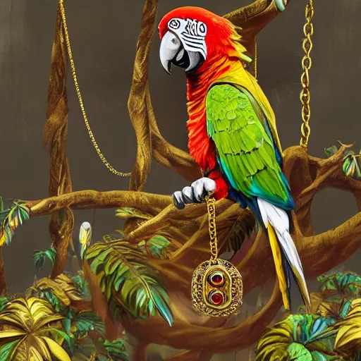 Image similar to parrots dressed in golden rings, necklaces and with caps on head, rapping and sitting on golden trees, rap scene, jungle concept art, trending on artstation, highly detailed, digital art, 8 k