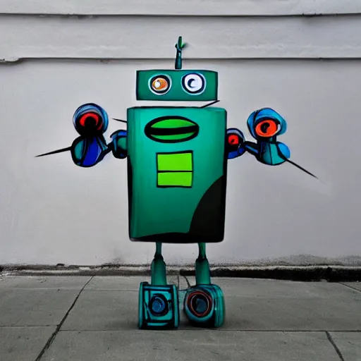 Prompt: Trippy robot is angry at the colour of his new paint job - he has been mis-repainted, realistic photograph