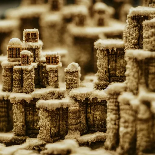 Image similar to macro photo of a miniature secret hidden world with tiny buildings and people inside of a croquembouche