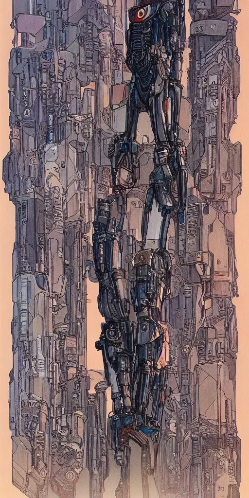 Image similar to mech suit. portrait by jean giraud and will eisner. realistic proportions. dystopian. cyberpunk, blade runner, concept art, cel shading