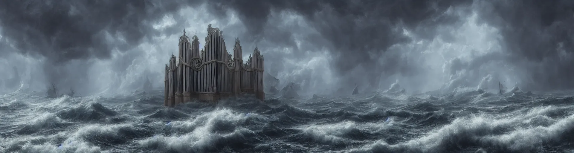 Image similar to A highly detailed matte painting of a huge pipe organ in a stormy sea in a storm, fog, rain, volumetric lighting, unreal engine 5 hd render, 8K resolution, trending on artstation