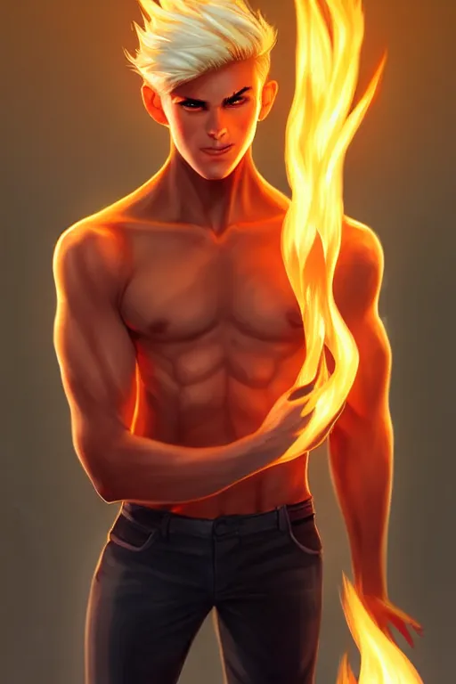 Image similar to character art by artgerm, young man, blonde hair, on fire, fire powers