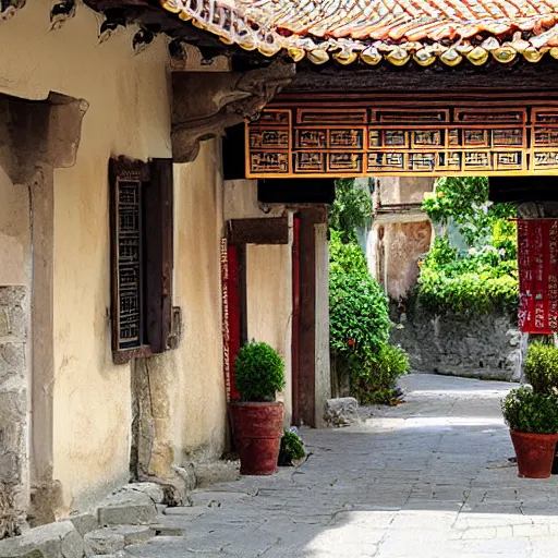 Image similar to old French village heavily influenced by ancient Chinese architecture.