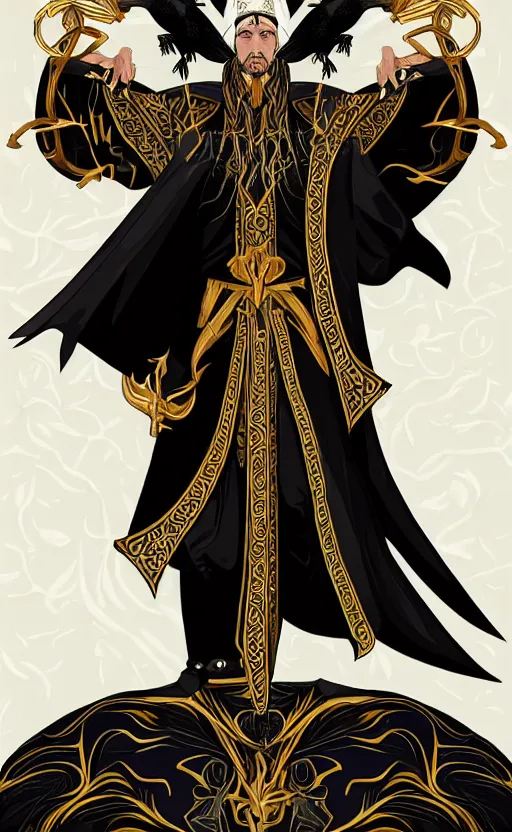 Image similar to raven headed male warlock doing wind magic, white and gold robes, exquisite details, full body character design on a white background, by studio muti