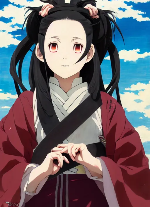Image similar to portrait of Nezuko from Demon Slayer Anime by Koyoharu Gotouge, countryside, calm, fantasy character portrait, dynamic pose, above view, sunny day, thunder clouds in the sky, artwork by Jeremy Lipkin and Giuseppe Dangelico Pino and Michael Garmash and Rob Rey, very coherent asymmetrical artwork, sharp edges, perfect face, simple form, 100mm