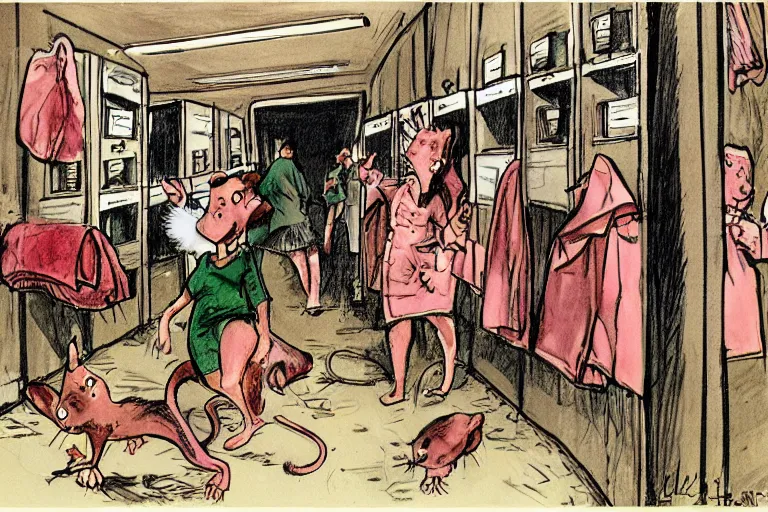 Prompt: Rats running loose in the girls locker room, concept art, by Mort Drucker, cinematic, funny