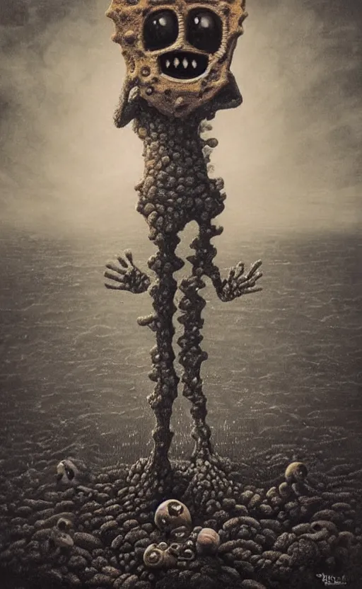 Image similar to spongebob squarepants in style of zdzisław beksinski, standing in wasteland, horror art, creepy, desolate, spongebob, spongebob, spongebob, spongebob