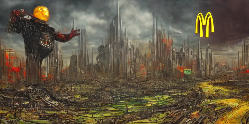 Image similar to dystopia where mcdonald's took over and ruled with an iron fist, award winning art, epic fantasy landscape, art print, science fiction, ultra realistic,