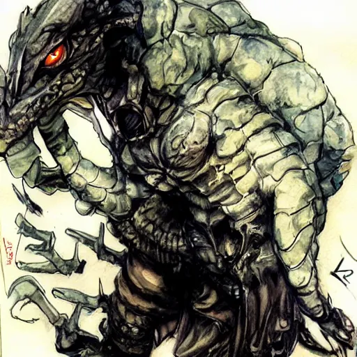 Prompt: Sad Lizard Man, drawn by Yoji Shinkawa, water color, Dungeons and Dragons, Wizards of the Coast