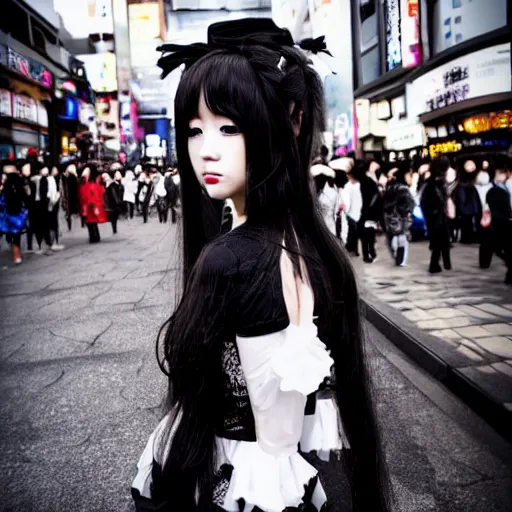 Image similar to Japanese goth girl, beautiful, stunning, high detail, cinematic, harajuku,