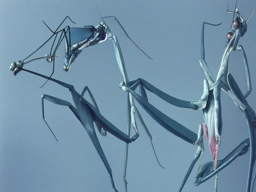 Image similar to close - up macro shot of a blue praying mantis. orchid mantis standing. complementary color scheme. subsurface scattering, translucency, backlit, diffused, smooth. studio photography high quality highly detailed award winning photograph by national geographic, by slim aarons. ( sculpture by antonio canova )