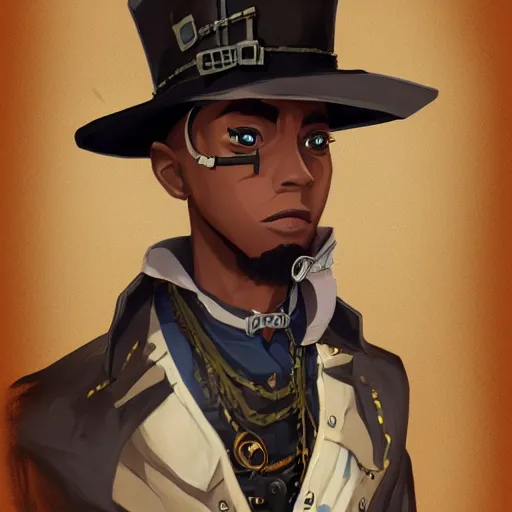 Image similar to african american man with blue eyes, blonde hair, wearing steampunk attire, highly detailed, digital painting, artstation, matte, by makoto shinkai, animation style