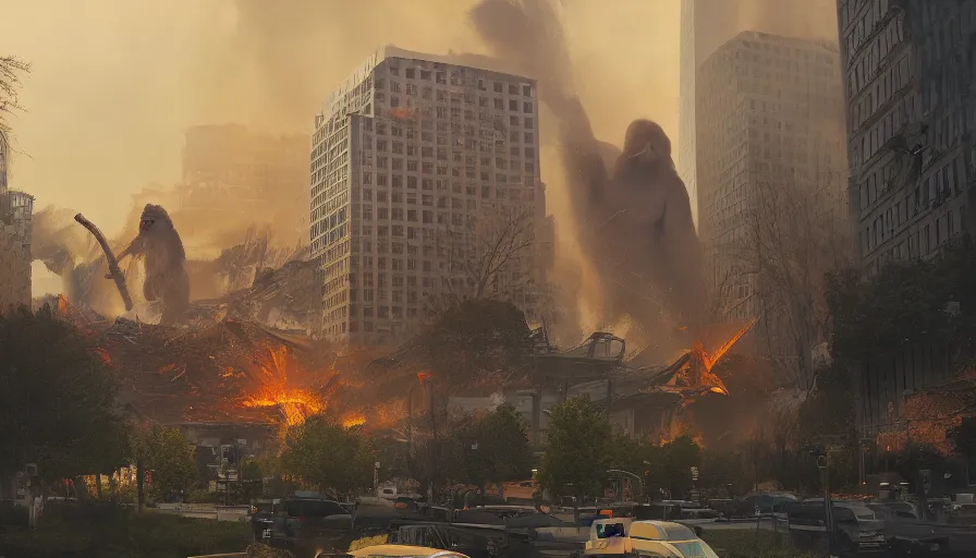 Image similar to giant bigfoot destroying washington dc, debris and fire, collapsed buildings, monster, hyperdetailed, artstation, cgsociety, 8 k