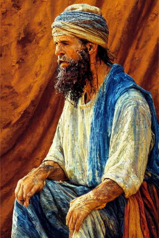 Image similar to highly detailed palette knife oil painting of a historically accurate depiction of the ancient biblical israeli man moses, thoughtful, by Peter Lindbergh, impressionistic brush strokes, painterly brushwork