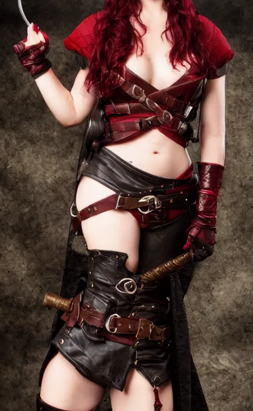 Image similar to epic fantasy d & d female halfling rogue, black hair, red leather corset, cinematic, beautiful lighting, heroic