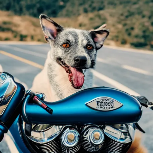 Image similar to blue heeler dog on a motorcycle, 8 k photography, blurred background of a wafflehouse