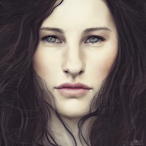 Prompt: 8 5 mm f 1. 8 portrait of a girl that is a mixture between liv tyler and carice van houten, she is about 2 5 years old, long curly hair, very tall and slender, she is wearing a elven robe, highly detailed, digital painting, artstation, concept art, smooth, sharp foccus ilustration, artstation hq