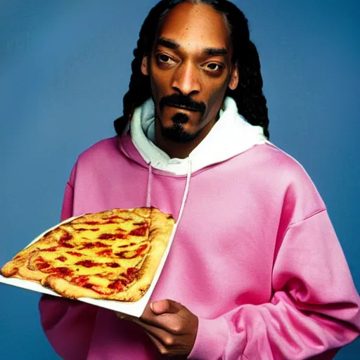 Image similar to Snoop Dogg holding a piece of pizza for a 1990s sitcom tv show, Studio Photograph, portrait, C 12.0