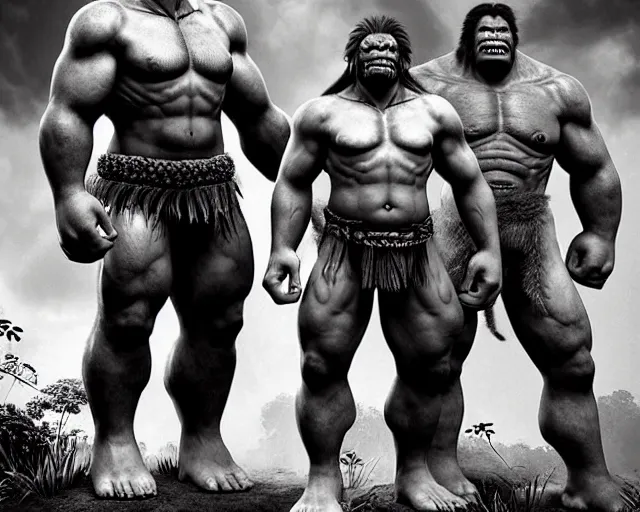 Image similar to hyper realistic group vintage photograph of a live action warcraft orc warrior tribe in the jungle, tall, hulk like physique, detailed faces, tribal paint, tribal armor, grain, old, monochrome, sepia toned, realistic lighting, wide angle