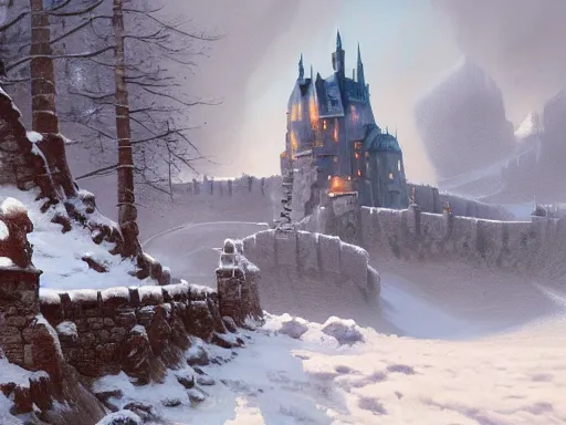 Image similar to a painting of a castle in the middle of a snowy mountain, a detailed matte painting by andreas rocha and greg rutkowski, featured on artstation, fantasy art, matte drawing, matte painting, artstation hq