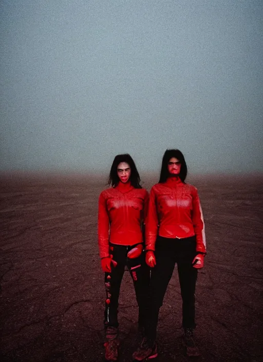 Image similar to cinestill 5 0 d photographic portrait of two loving female androids wearing rugged black techwear on a desolate plain with a red sky, extreme closeup, lizard on ground, cyberpunk style, in front of a brutalist dark metal facility, dust storm, 3 5 mm, 8 k, hd, f / 3 2, high resolution, ultra realistic faces