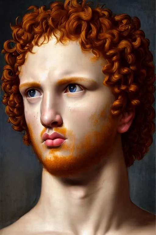 Prompt: renaissance painting of beautiful redhead man, curly hair, pleading face, tears dripping from the eyes, emotions closeup, dressed in roman armour, ultra detailed, made in bronze, art by Guido Reni style, Vincenzo Catena style