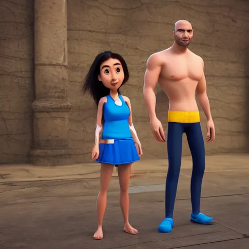 Image similar to young beautiful athletic Filipino woman with long hair standing beside a handsome caucasian athletic thin man with very short buzzed thinning hair, stubble beard on his face, blue eyes, they are posing, depicted as adult Pixar characters, high quality cg render, 4k