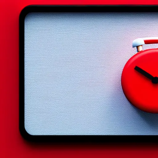 Image similar to Very tiny red alarm clock that looks like the iOS emoji and has the same colors, 3D clay render, 4k UHD, white background, isometric top down left view, diffuse lighting, zoomed out very far