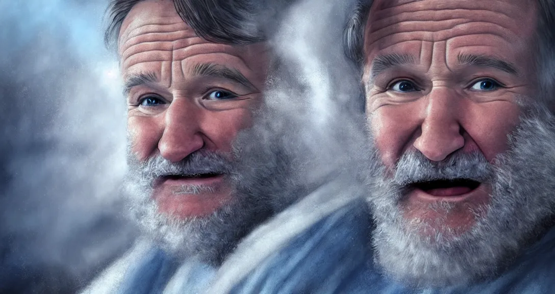 Prompt: robin williams is god, white beard, clouds, heaven, blue eyes, white robe, single subject, intricate, detailed, volumetric lighting, scenery, digital painting, highly detailed, artstation, sharp focus