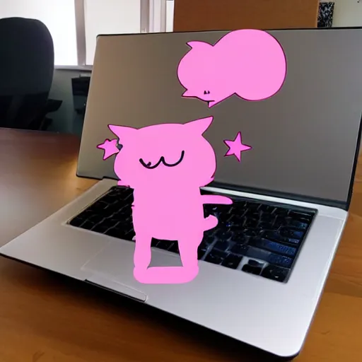 Image similar to a pink cat using a laptop full of twitter stickers
